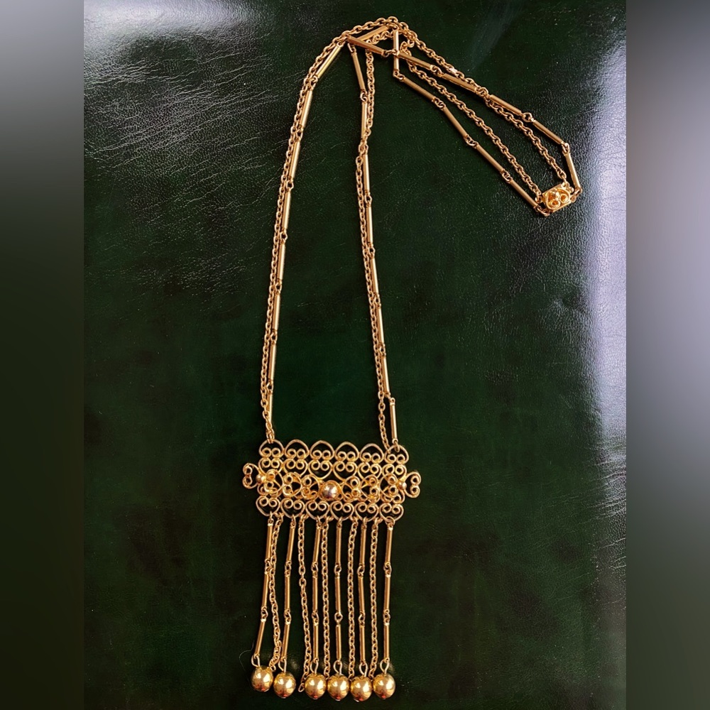 Vintage Gold tone filigree Runway Necklace Dangle Beaded and double chain 1960s